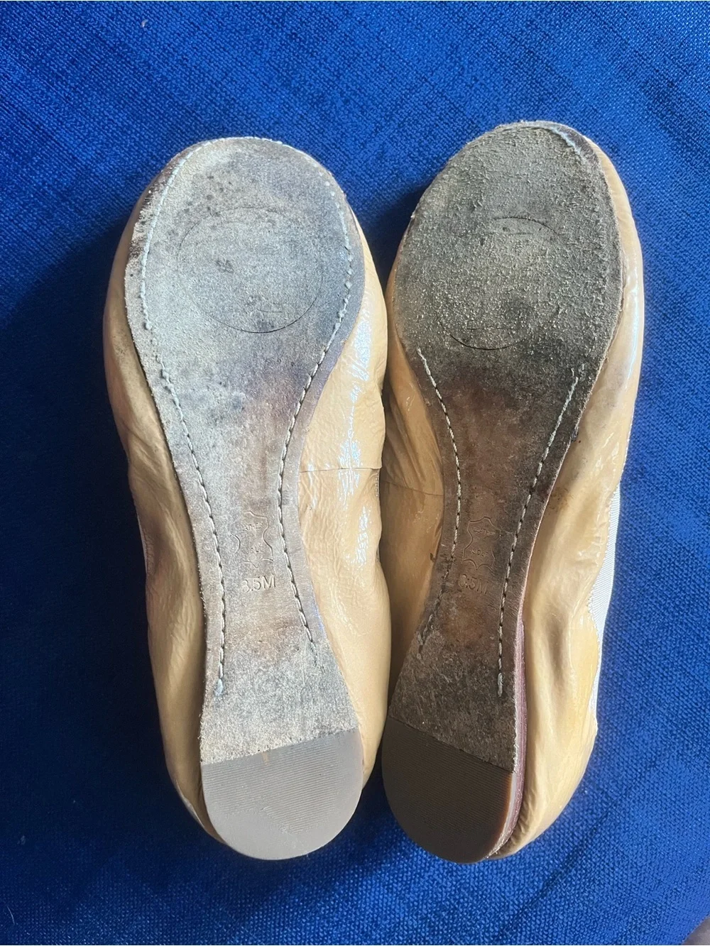 Tory Burch Two-Tone Beige Patent Leather Logo Ballet Flats